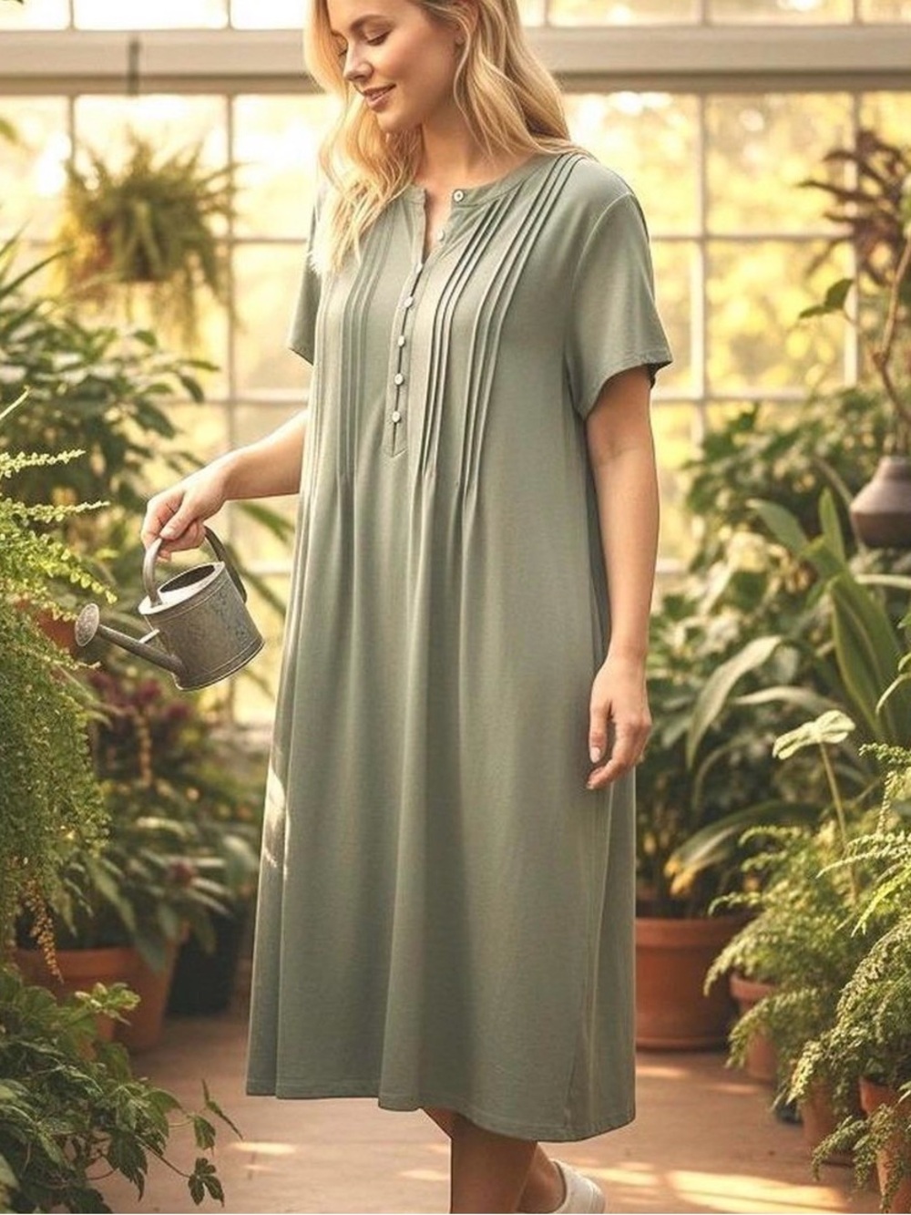 🌿 Lands' End Sage Green Pintuck Midi Dress 1X🌿
